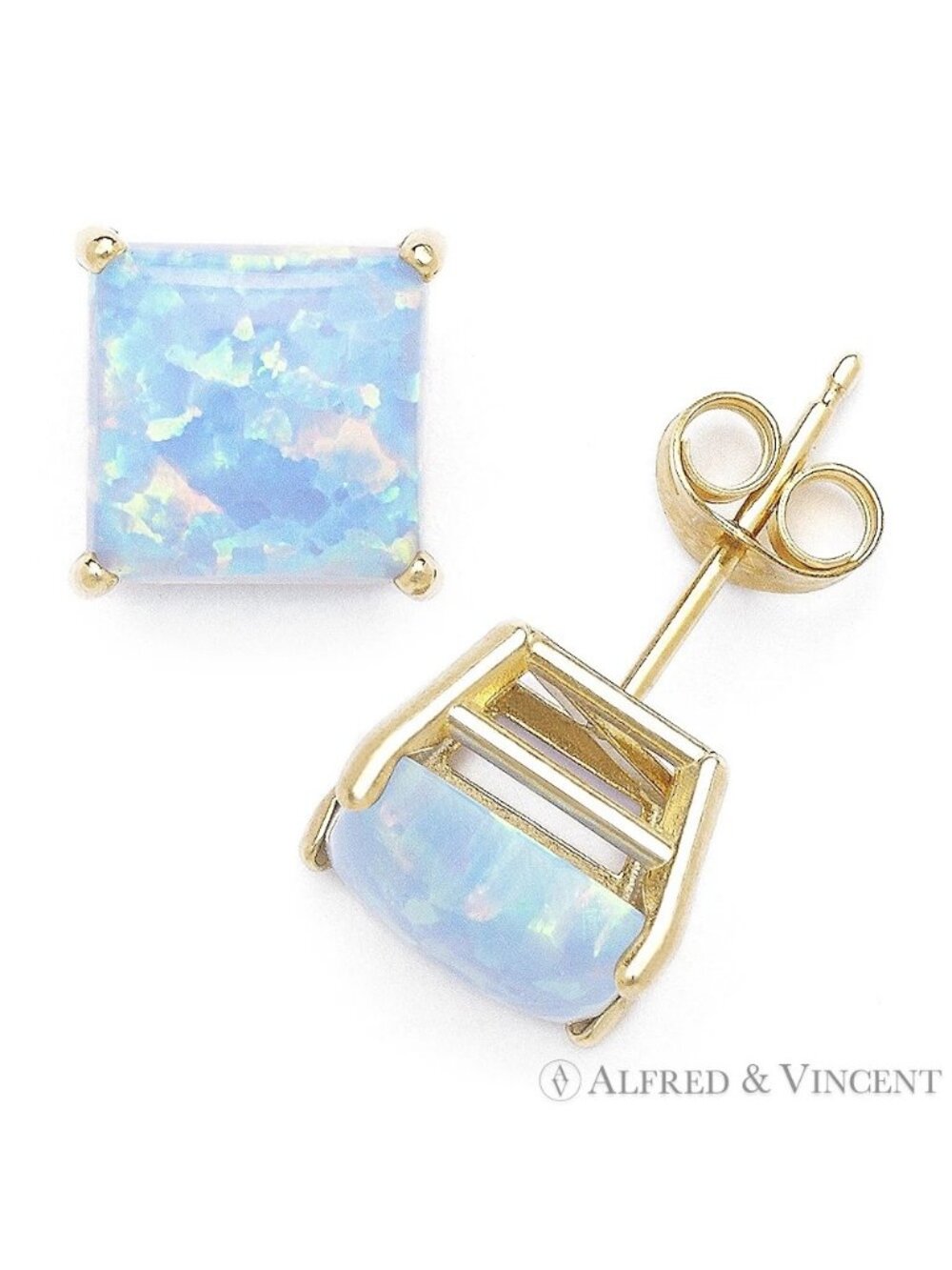 Square Cabochon Azure Blue Opal Stud Earrings in Solid 14k Yellow Gold